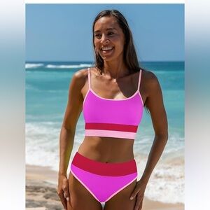 Popvil neon pink and bright watermelon high rise bikini set NWT size large